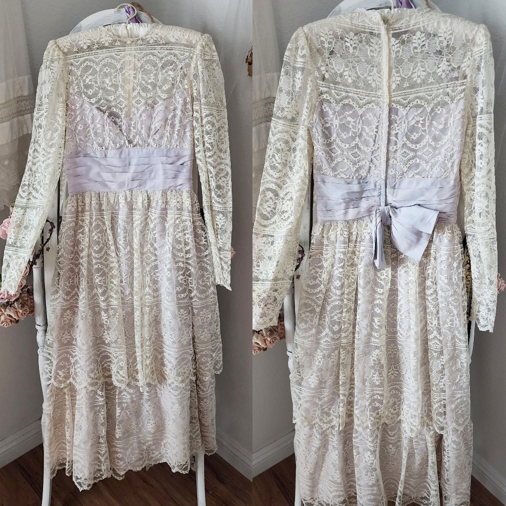 Vintage lace dress with pale blue ribbon